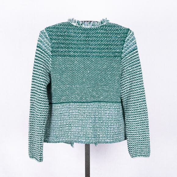 Chico's Structured Tweed Cardigan Women's MEDIUM Open Fringed Cotton Wool Blend - Picture 4 of 6